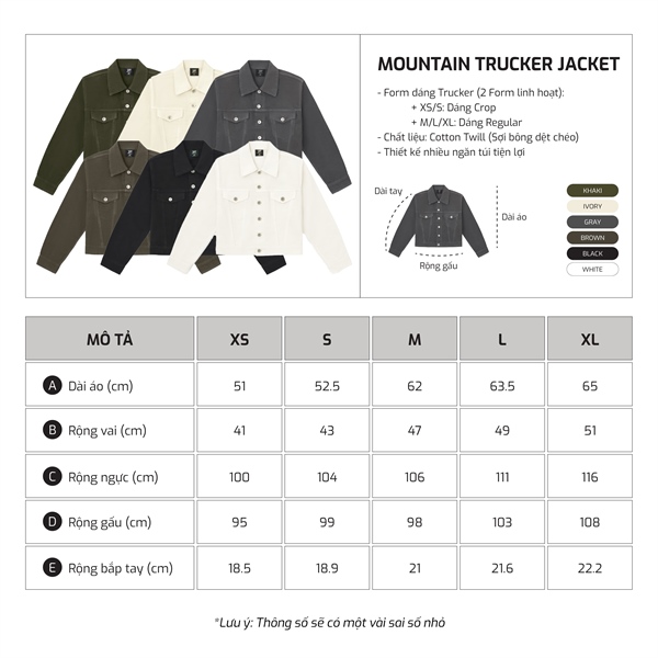 Bảng size TJO Mountain Trucker Jacket