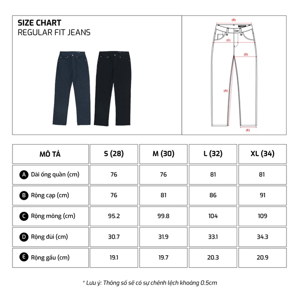 Bảng size TJO Regular Fit Jeans
