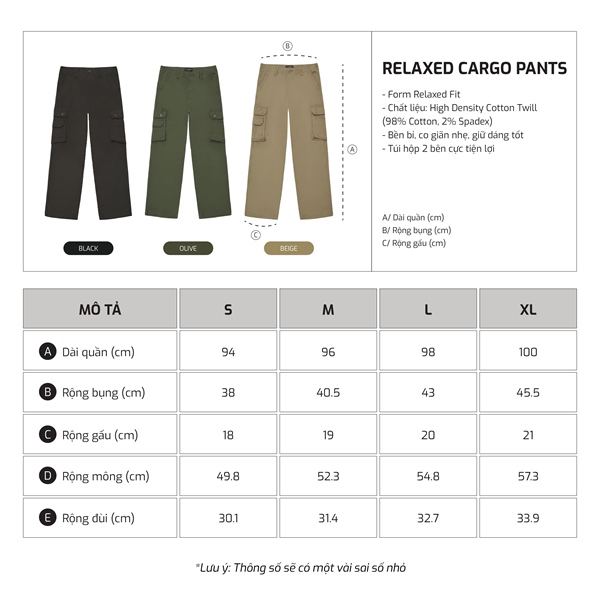Bảng size TJO Relaxed Cargo Pant