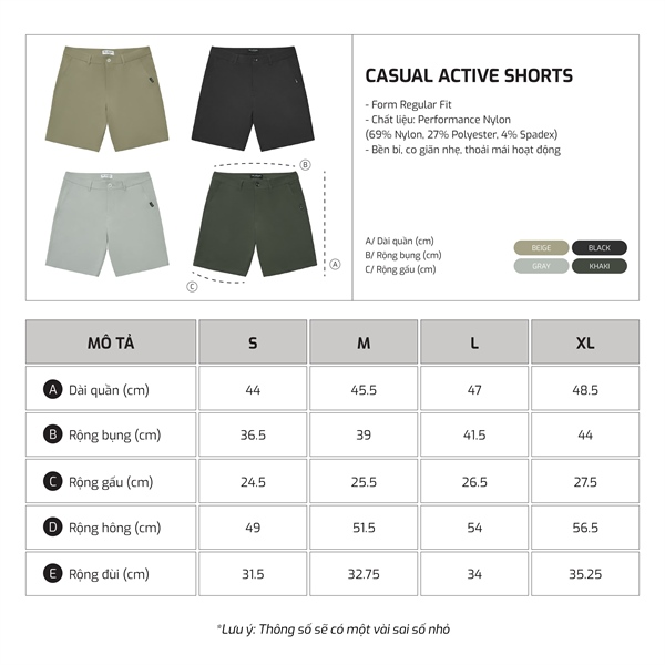 Bảng size TJO Casual Active Short
