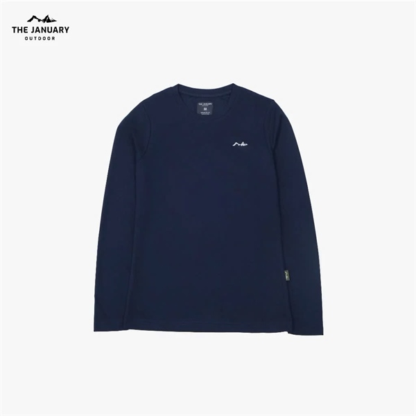 Áo thun dài tay màu xanh navy, cổ tròn, logo nhỏ ở ngực trái, trải phẳng mặt trước trên nền trắng