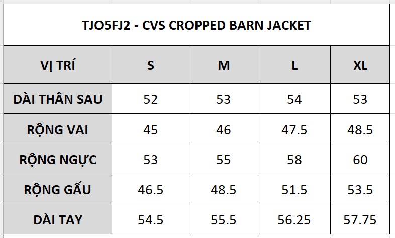 Bảng size TJO CVS Crop Barn Jacket