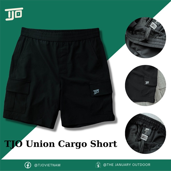 Quần short túi hộp màu đen cạp chun trải phẳng, kèm ba ảnh cận cạp quần, túi hộp có logo và nhãn trong